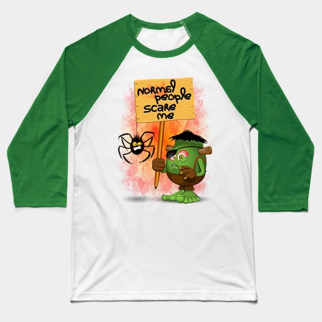 'Normal People Scare Me' Humorous Frankenstein Character Baseball T-Shirt by BluedarkArt